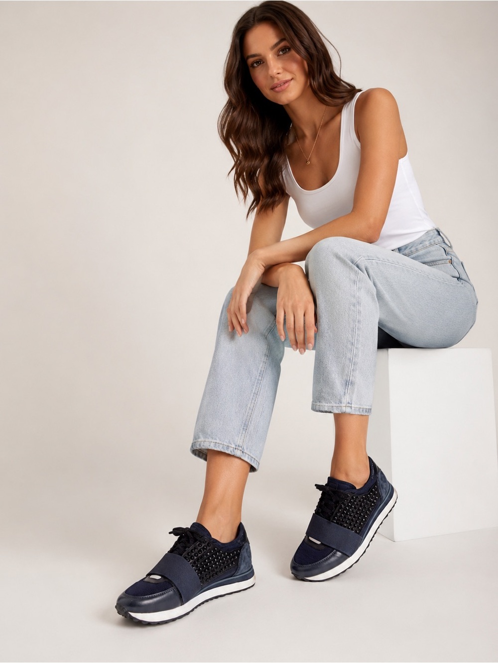 Lola Cruz banded women's blue leather spiked sneakers.  EU 39